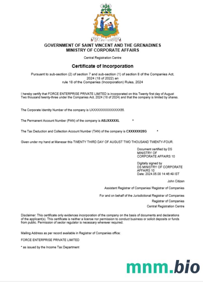 Saint Vincent i Grenadyny Business registration vcertyfikat Word i szablon PDF